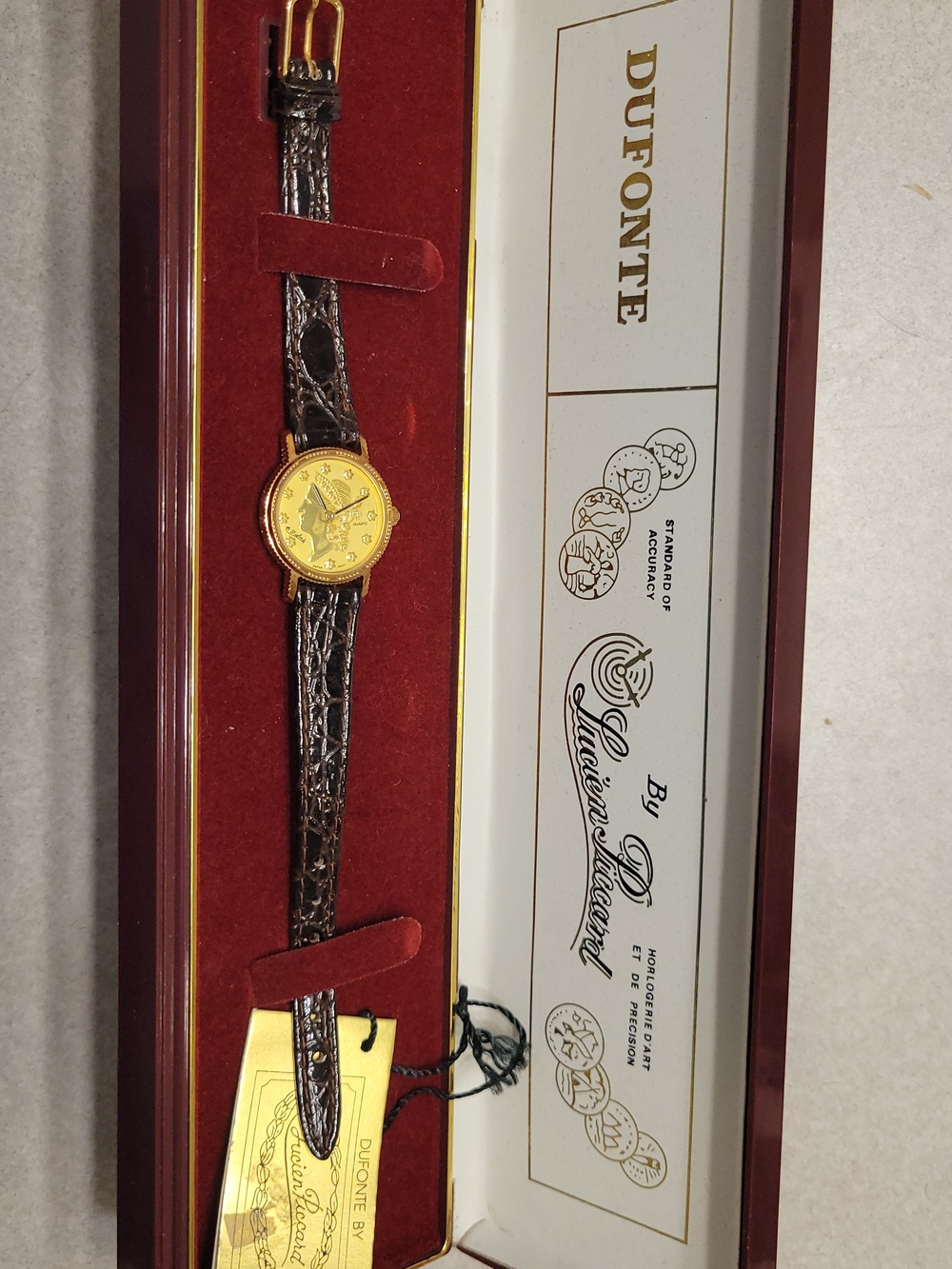 Dufonte Gold-Tone "Liberty"Watch with Brown Leather Strap